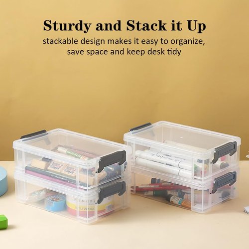 LATEEFAH Pencil Case, 4 Pack Plastic Pencil Box Clear Marker Organizer Storage Containers with Lids, Extra Large Stackable Storage Boxes for Crafts, Home, Office Supplies
