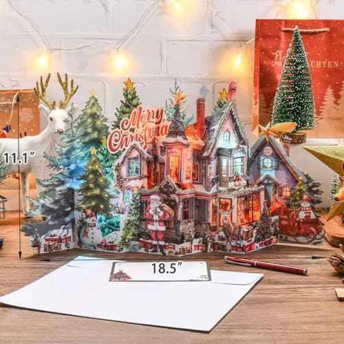 Pop Up Christmas Card, 3D Animated House Design, Jumbo Paper Xmas Giant Greeting Card with Music & Lights, Musical Christmas Gifts Card for Friends Family-Accordion Fold Xmas Villa