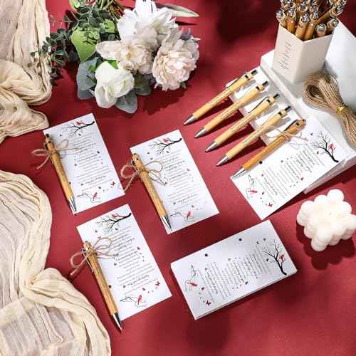 Janlaugh 100 Set Memorial Funeral Favors Include Cardinal Prayer Cards and Bamboo Ballpoint Pens Funeral Pocket Token for Guest Sympathy Remembrance Gifts for Loss of Loved One