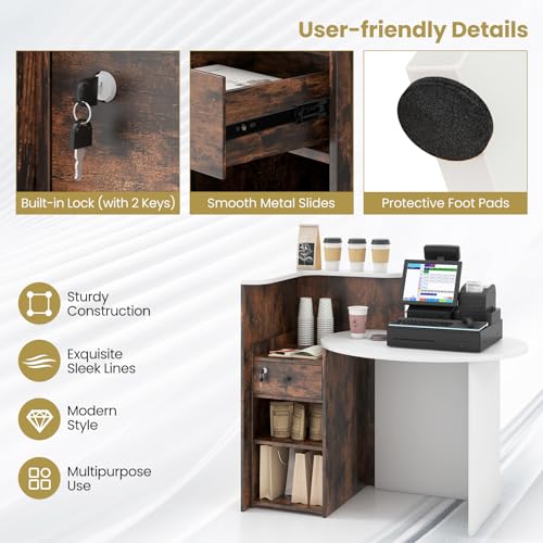 GIANTEX Brown & White Reception Desk with Lockable Drawer & Adjustable Shelves