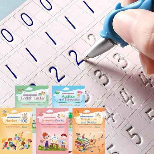CosyCorner Magical Handwriting Workbooks Handwriting Practice Magic Copybook, Handwriting Aid Magic Pen Reusable Copybook Grooves Template Design for Children(4 Books, 10.2¡¿7.2 in)
