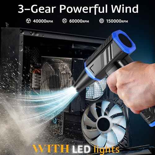 Electric Compressed Air Duster with LED Light-150000 RPM High-Speed Rechargeable Air Blower for Cleaning Keyboards,PC,Cars,3-Gear Adjustable Dust Blower Cordless, Alternative to Canned Air
