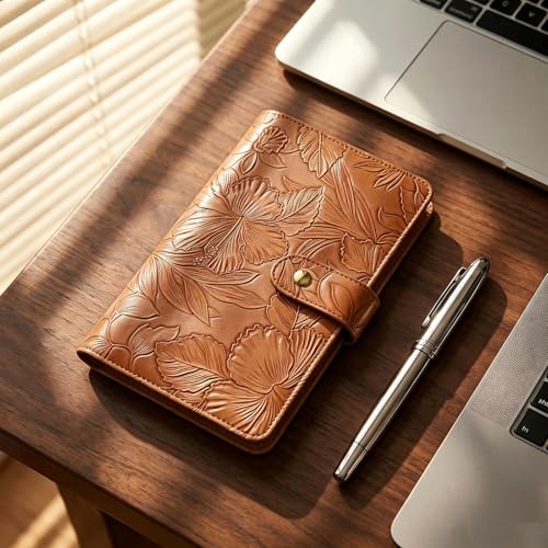 Brown Business Card Holder with 240 Capacity, Embossed PU Leather Organizer