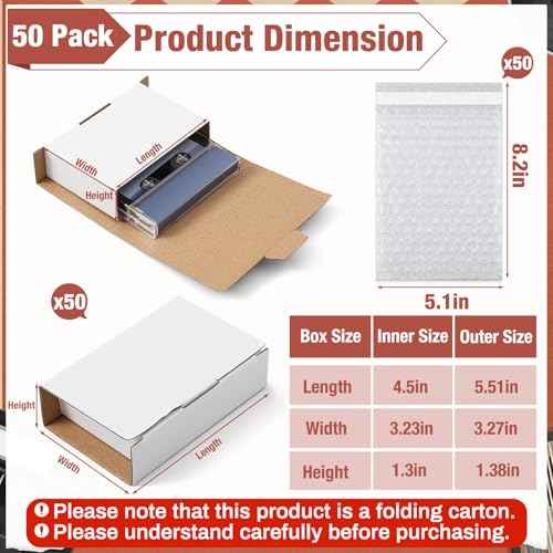 Marspark 50 Pcs Cassette Mailers Cardboard Cassette Boxes with Sealing Bubble Protective Bags, Single Easy-fold Mailers Set, Suitable for Transportation, Storage and Collection(White)