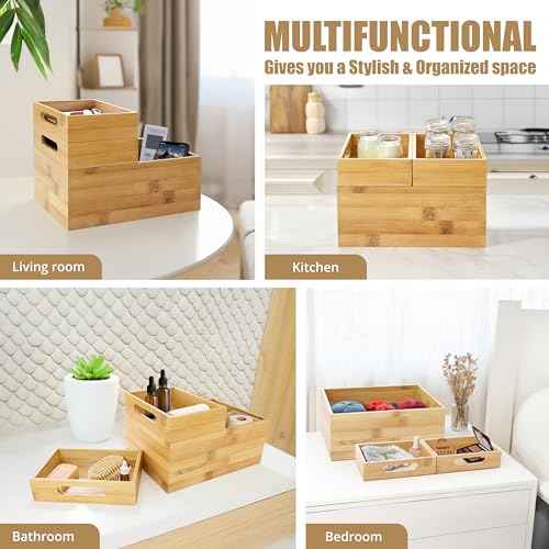 HOMESTEAD 3-Piece Stackable Bamboo Storage Box, Office Desk Organizer, Wooden Boxes for Makeup Drawer Organizer Bathroom, Office Supplies, Kitchen Utensils, Bamboo Storage Containers, Jewelry Tray