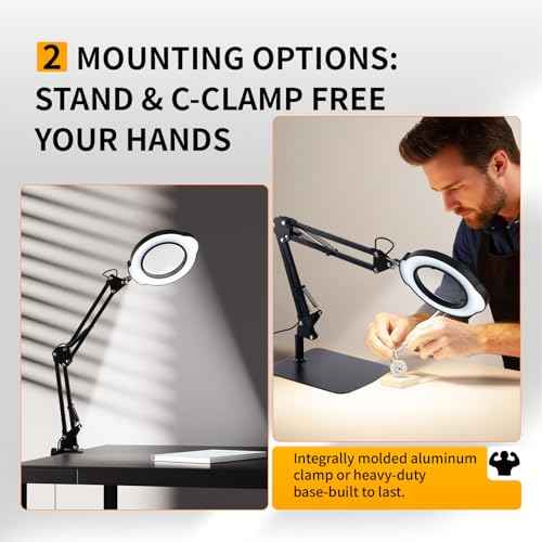 12X Magnifying Glass with Light and Stand,2-in-1 LED Desk Lamp & Clamp,5 Color Modes Brightness Stepless Dimmable,Magnifier with Light Hands Free,Reading,Hobby Close Work