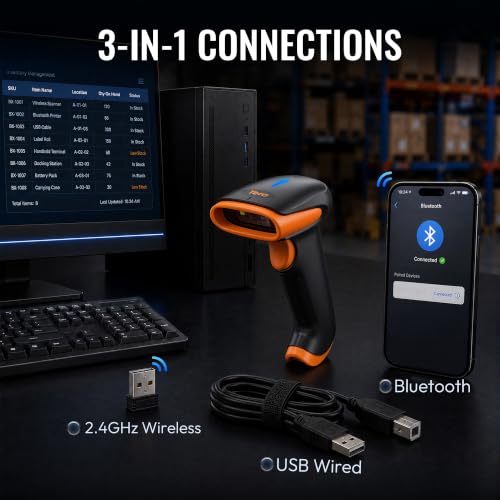 Tera Wireless Barcode Scanner with Stand - 1D/2D/QR 3-in-1, Orange