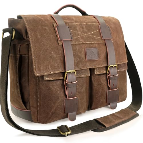 Messenger Bag for Men, 15.6 Inch Laptop Bag, Water-resistant Waxed Canvas Messenger Bag, Vintage Computer Satchel Briefcase for School Work Travel (Vintage Brown)