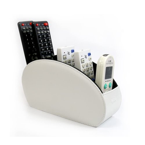 Fosinz Remote Control Holder Organizer Stable Table Desk Leather Control Storage TV Remote Control Organizer with 5 Spacious Compartments (White with Metal Bottom)