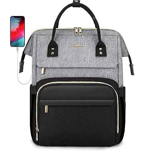 LOVEVOOK Laptop Backpack for Women Fashion Business Computer Backpacks Travel Bags Purse Doctor Nurse Work Backpack with USB Port, Fits 17-Inch Laptop Grey Black