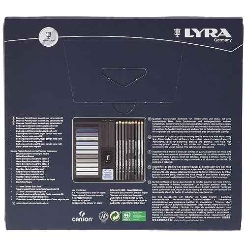 LYRA - Metal Box Grey Shades 9 Assorted Pencils Charcoal Sepia Blood 12 Assorted Painting Crayons and Accessories