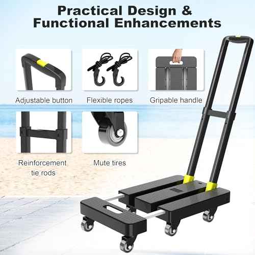 Folding Hand Truck, 500 LBS Heavy Duty Foldable Dolly Cart with Wheels, Telescoping Handle & 2 Elastic Ropes, Portable Luggage Cart for Moving, Travel, Home, Black Yellow
