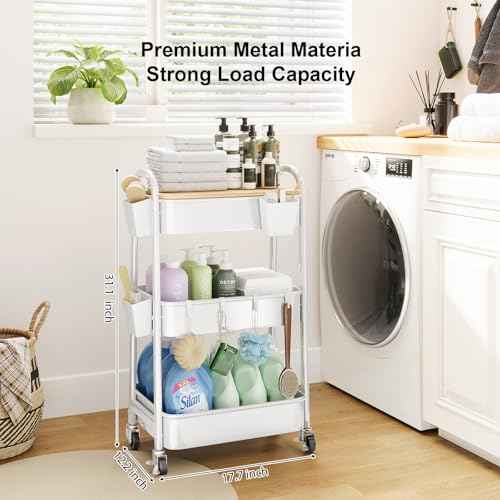 3 Tier Rolling Cart Metal with Wheels and Bamboo Table Top, Art Cart Organizer on Wheels, White Three Tiered Storage Utility Carts for Craft, Baby, Diaper Caddy,Coffee,Kitchen,Cleaning,Office Supplies