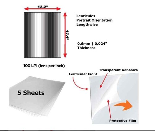 Transparent Lenticular Sheet - Blanks, Portrait, for Lenticular Printing, 3D/Morph/Zoom/Animation/Flip-Image Printing, Magic Tricks, Optical Illusion, Invisibility (100LPI 5 Sheets Adhesive Back)