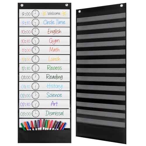 Essex Wares - 13 Pocket Daily Schedule Pocket Chart, Ultra-Durable Visual Schedule for Kids - Easy to Use, Reusable Daily Schedule for Kids - Reversible Chart for Sentence Strips
