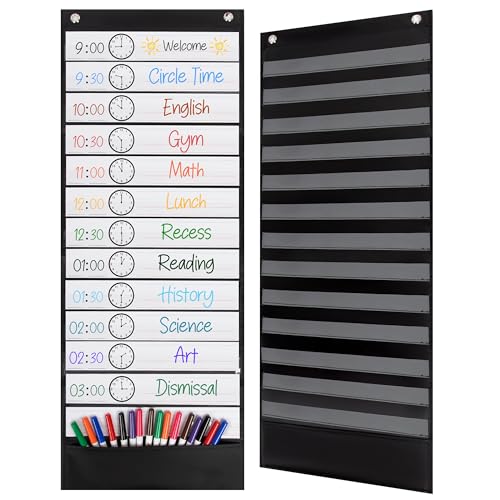 Essex Wares 13 Pocket Daily Schedule Pocket Chart for Classroom Black