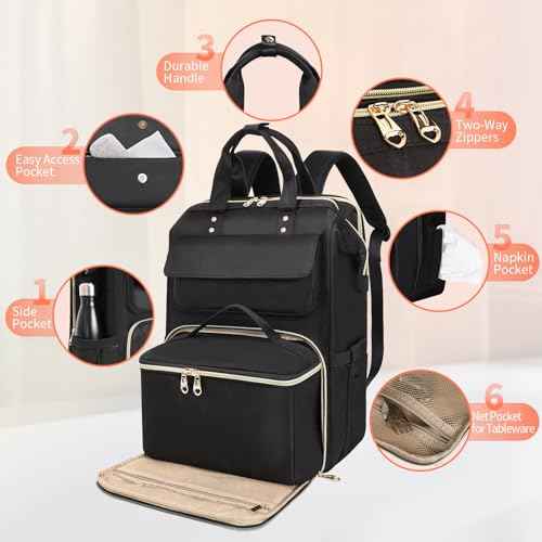 BERTASCHE Lunch Backpack for Women, 15.6 Inch Laptop Backpack with Insulated Cooler Lunch box, Nurse Backpack for Teacher Work Travel College Picnic, Black