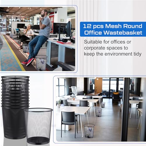 Hushee 12 Pcs Metal Mesh Trash Can Wire Waste Paper Basket Trash Bin Garbage Can for Office Under Desk, Kitchen, Bedroom, Den, Dorm Room, Toilet(Black,12 Pcs)