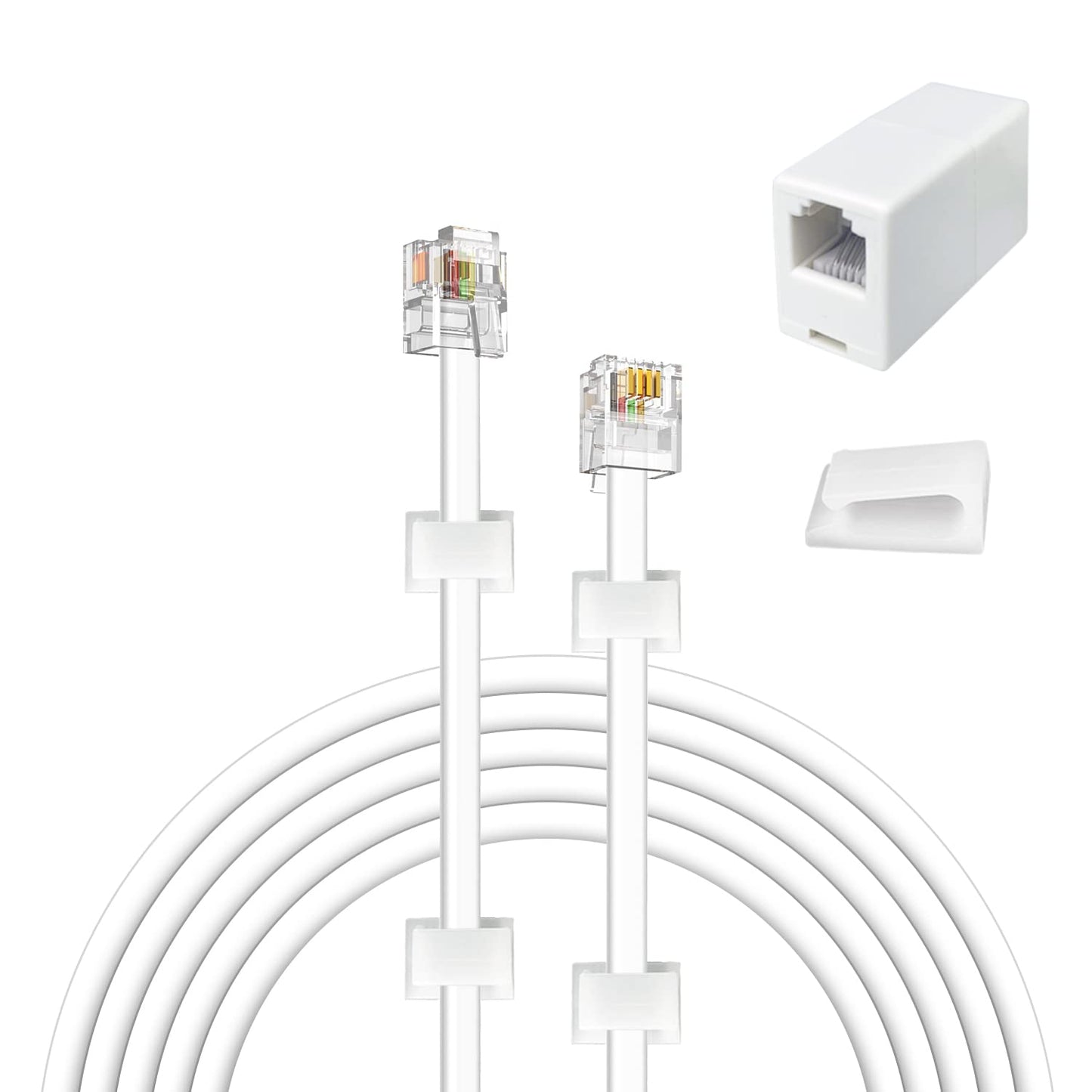 YOLISTIC 30 Feet Telephone Cable(RJ11 6P4C Plug) Include 1 in-Line Couplers(Double RJ11 6P4C Female) and 20 Cable Clips, White