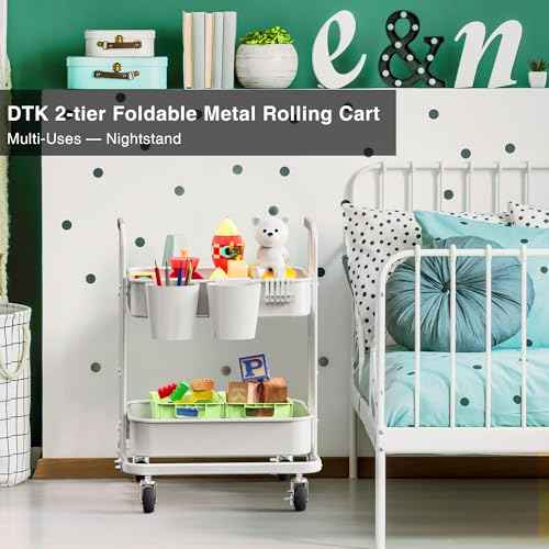 DTK 2 Tier Rolling Cart, Small Metal Utility Cart with Lockable Wheels, Foldable Craft Cart, 2 Shelf Folding Storage Trolley for Living Room, Kitchen, Bathroom, Bedroom and Office, White