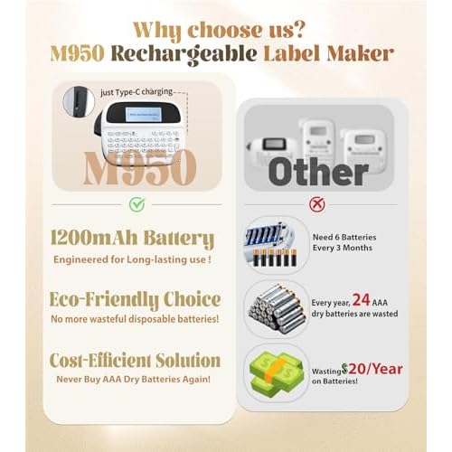 Label Maker Machine with Tapes, Label Maker Waterproof-labels, Rechargeable Bluetooth Labeler, Inkless Labeling Machine with Backlit LCD, M950 Handheld Label Printer for Home Kitchen Food-Labels