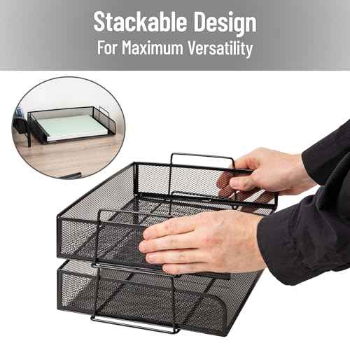Mind Reader Stackable Paper Tray, Desktop Organizer, File Storage, Office, Metal Mesh, 13.25" L x 9.75" W x 6.25" H, 2 Pcs., Black
