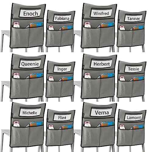 Chairback Buddy Pocket Chart Back of Chair Organizer for Classroom with Name Tag Pocket (GREY-12 PACK)