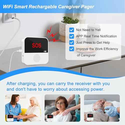WiFi Rechargable Smart Wireless Caregiver Pager Call Button System Nurse Calling Alert System for Elderly Patient Seniors Disabled Kids 2 SOS Panic Buttons 1 Receiver (only Supports 2.4GHz Wi-Fi)