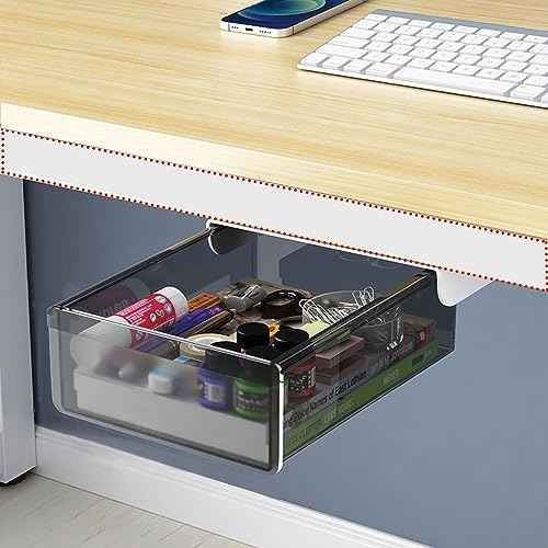 2 Pack Upgrade Under Desk Drawer for Table with Lip,Office Attachable Plastic Desktop Accessories & Workspace Organizers,Hidden Under Table Desk Storage Organizer Pencil Tray Drawer Slide Out