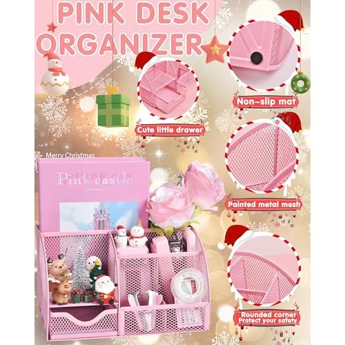 Pink Desk Accessories, 24Pcs Pink Office Supplies and Desk Organizers, with Tape Dispenser, Stapler, Staple Remover, Ect, Christmas Gifts