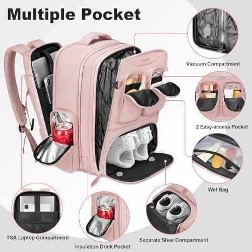 Taygeer Vacuum Backpack, Expandable Vacuum Seal Carry on Backpack with Rain Cover, 17'' laptop Compression Backpacks Travel with Shoe Compartment, TSA Approved Personal Item Compression Back Pack,Pink