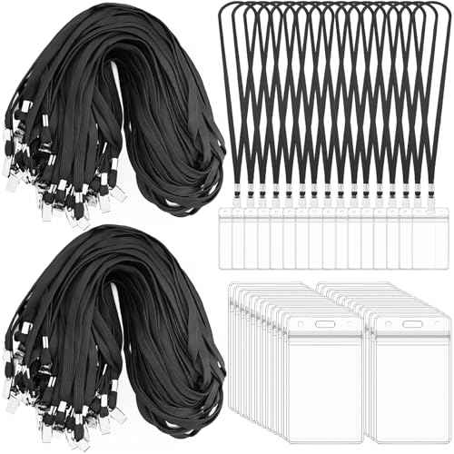 400 Pack Neck Lanyard Bulk with ID Card Holder Lanyards for ID Badges Vertical Name Badge ID Card Holders Flat Neck Lanyards with Clip for Nurses Teacher Students, Black