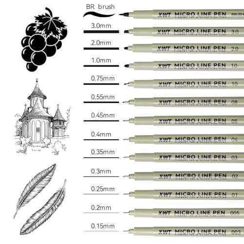 12+1 Fineliner Drawing Art Pens, Black Waterproof Pigment Ink Set for Artists, Sketching, Manga, Watercolor, Calligraphy, and Detail Outlining Archival Quality Inking Markers