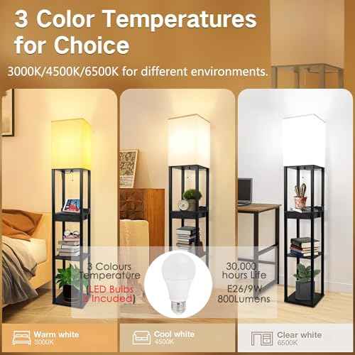 Shelf Floor Lamps for Living Room,Tall Standing Lamp with Shelves and Drawer,2 USB Charging Ports & 2 Power Outlet,Bright 3CCT LED Bulb Included - Black