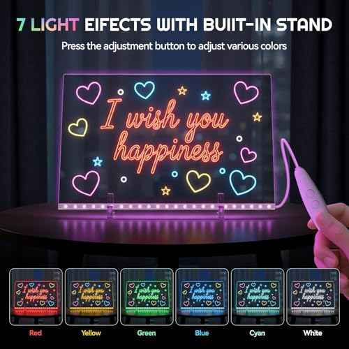Glow Led Note Board for Kids, 13"x10" Acrylic Drawing Board with 7 Color Modes, Birthday Thanksgiving Christmas Gifts for 5-12 Year Old Girls Holiday Trend Gift, Includes Invisible Stand, Hanging Kit