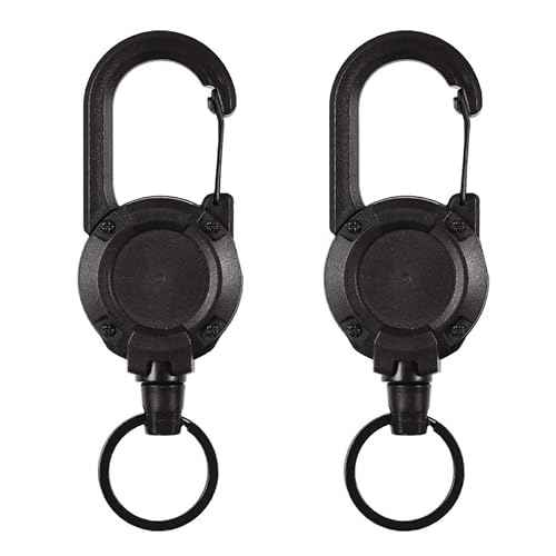 Heavy Duty Retractable Keychain,Multitool Carabiner Badge Holder,Tactical ID Badge Reel with 23.6¡± Steel Retractable Cord for Men and Women£¨Black 2 Pack£©