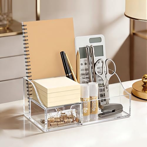 HBlife Clear Acrylic Desk Organizer with Drawer — 1 Pack, Multi-Compartment Office Supply Caddy