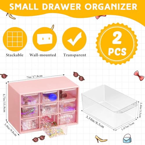 Wenqik Pink 2-Piece Mini Drawer Storage Organizer with 9 Clear Compartments