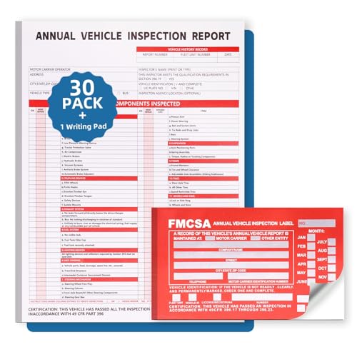 DOT Compliant 30-Pack Vehicle Inspection Forms with 3-Ply Carbonless, Hardboard & Red FMCSA Stickers