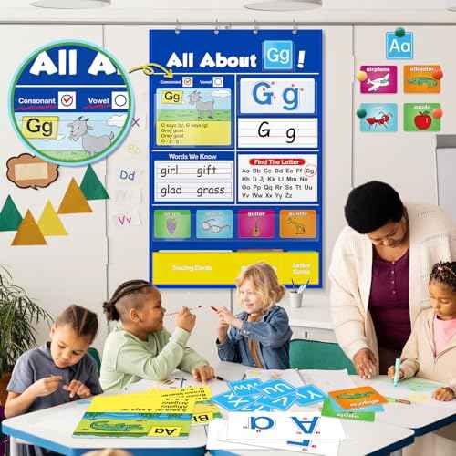 Alphabet Learning Pocket Chart, Circle Time Learning Center Alphabet Flash Cards ABC Wall Chart Letter Game for Toddler Kids Homeschool Supplies Preschool Kindergarten Classroom Must Haves