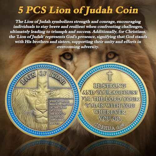 5pcs Rare Lion of Judah Challenge Coin - Joshua 1 9 Be Strong and Courageous Prayer Coin - Art Pocket Bible Verses Christian Coins - Good Luck Religious Gifts for Men Women