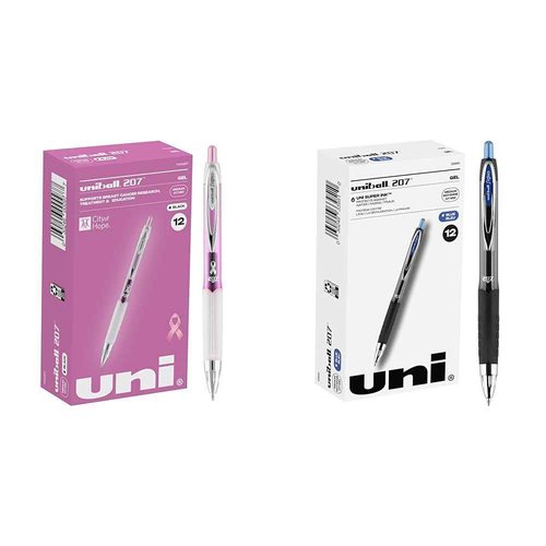 Uniball Signo 207 Pink Ribbon Gel Pen 12 Pack, 0.7mm Medium Black Pens, Gel Ink Pens & Uniball Signo 207 Gel Pens, 0.7mm Medium Blue, 12 Pack - Smooth Writing Office Supplies