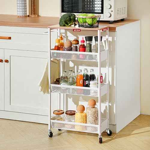 4 Tier Slim Rolling Utility Cart with Wheel, Metal Narrow Storage Cart with Handle and Wood Top, Multifunctional Small Mobile Shelf Unit Organizer Trolley for Laundry, Bathroom, Kitchen