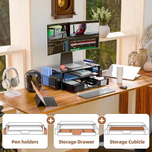 Simple Trending 20" W x 10" D Black Monitor Stand with Drawer & 2-Tier Design