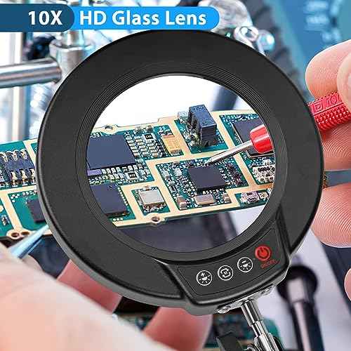 10X Magnifying Glass with Light and Clamp, 5 Color Modes Stepless Dimmable Real Glass Lighted Magnifier, Hands Free LED Magnifying Desk Lamp for Painting Craft Close Work Reading Repairing