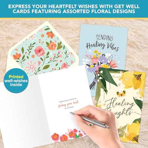 Decorably 24 Pack 4x6in Assorted Get Well Cards Assortment Box with Envelopes and Stickers, 24 Unique Floral Designs Get Well Cards with Envelopes, with Printed Message Inside