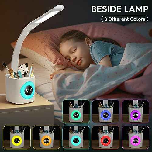 Hokone Desk Lamp for Kids, LED Desk Light for Home Office Dimmable USB Table Lamps with Clock Pen Holder Adjustable Desk Lamps with Color Night Lamp,Children's Christmas Gifts White