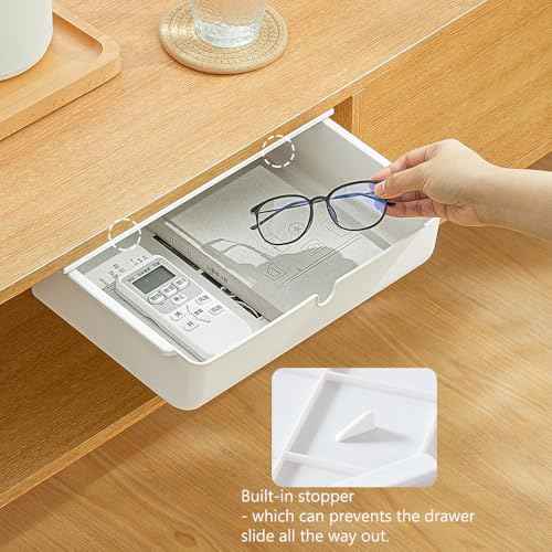Poeland Under Desk Drawer Self-Stick Storage Organizer for Office Home School Large Size White 2 Pack