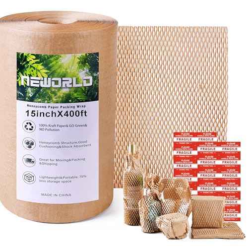 Neworld Honeycomb Packing Paper,15" x 400' Eco Friendly Bubble Cushioning Wrap for Moving,Products & Gifts Wrapping Paper,Recyclable Cushioning Packing Material With 20 Fragile Sticker Labels