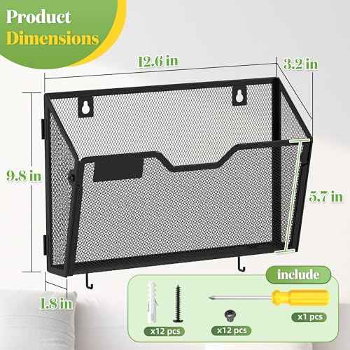 YINGHUA 6 Pack Mesh File Holders Wall Mounted - Durable Metal Hanging Organizer with Hooks - 12.6 Inch Vertical Wall Baskets for Mail Papers Office Home and School Storage - Black